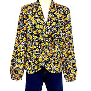 Heartloom Camille Black Yellow Print Floral Twist Front Surplice V neck Blouse